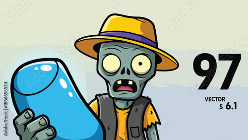 Cartoon Zombie Holding a Blue Object with a Surprised Expression.