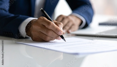 Focused shot of a person signing a document with a pen, capturing the moment of legal agreement or paperwork process