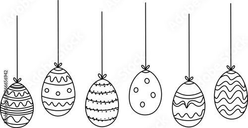 set of sketch drawn easter eggs hanging on ribbon band isolated on white or transparent png