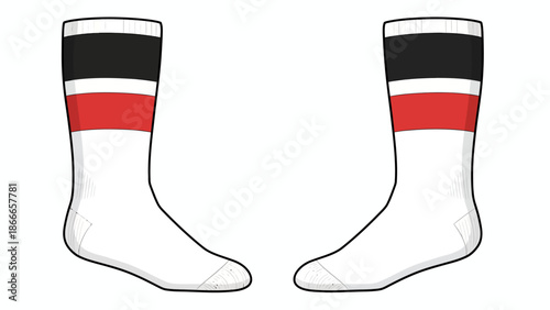 White Athletic Crew Socks Vector Mockup with Black and Red Stripes for Sports Team Branding and Apparel Tech Pack Design