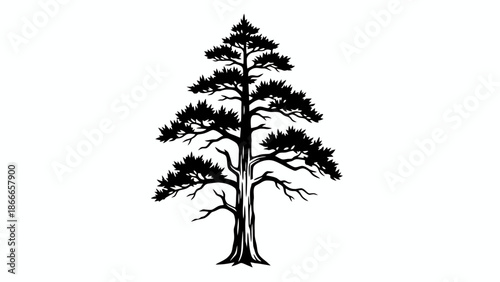 Detailed Pine Tree Silhouette with Branching Foliage for Nature and Outdoor Branding