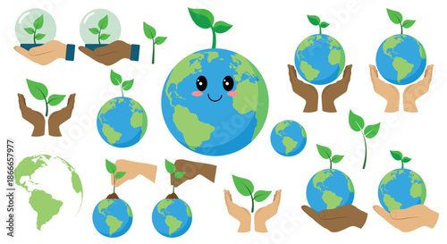 World Earth Day symbol set. Hands taking care of the planet vector illustrations.