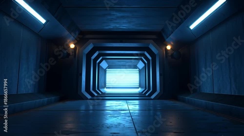Dark futuristic scifi corridor with blue neon lights and glowing exit