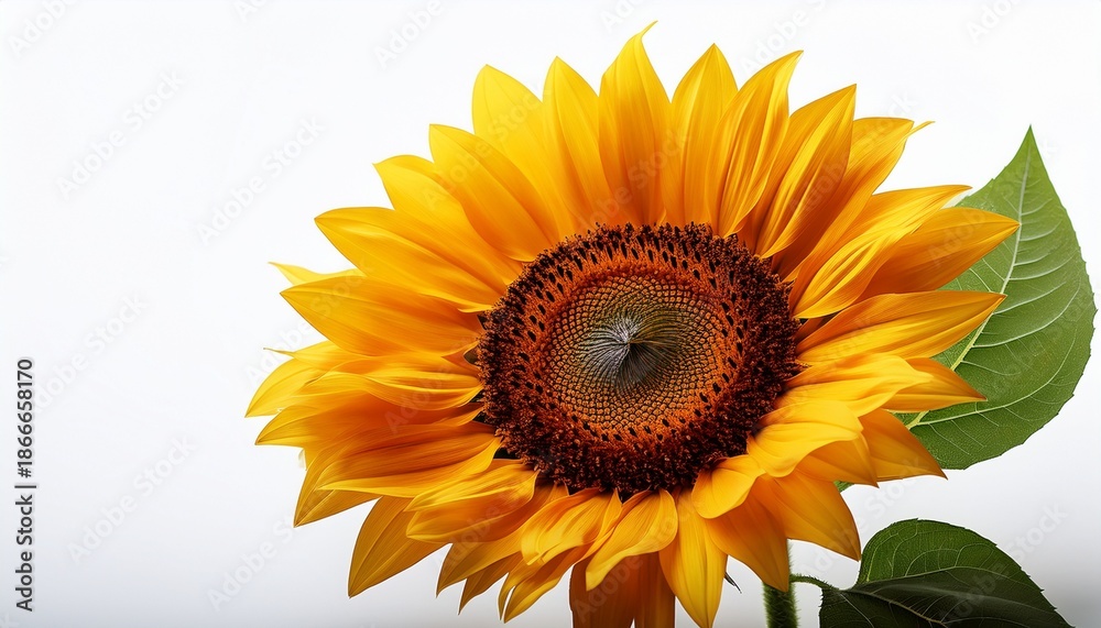 Obraz premium Close Up Of A Vibrant Sunflower With Green Leaves Isolated On A White Background Radiant Floral Beauty Representing Joy Warmth And Natural Growth