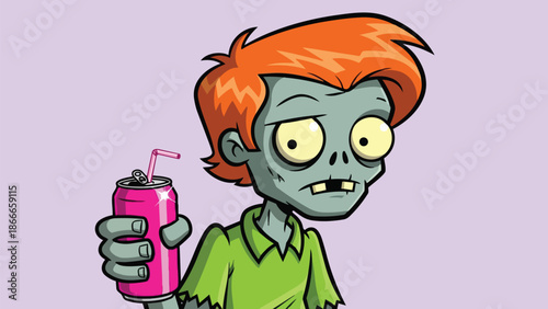 Cartoon Zombie Holding a Pink Soda Can with Straw.