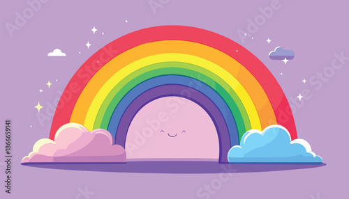Cartoon Rainbow with Clouds and Stars on a Purple Background.
