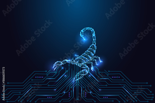 Glowing low-poly scorpion above circuit board lines. Cybersecurity threats Vector illustration