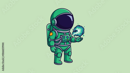 Cartoon Astronaut Holding Glowing Orb in Space Suit.