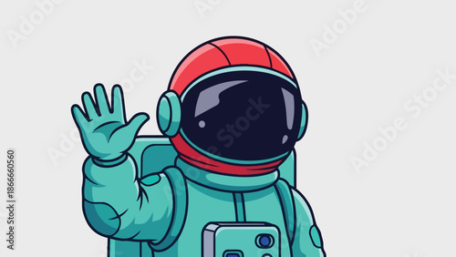 Cartoon Astronaut Waving Hand in Space Suit and Helmet.