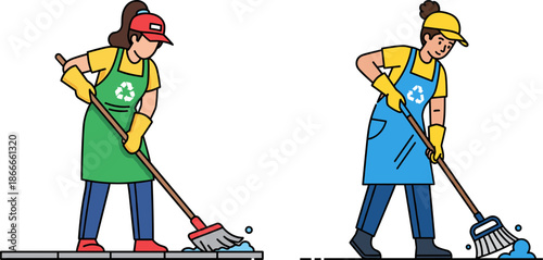 Two women cleaning with mops and brooms in matching uniforms, highlighting sustainability and teamwork on a transparent background.