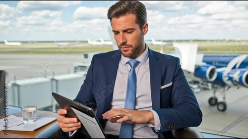 Businessman Using Tablet in Airport Lounge.