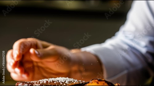 Chef seasoning food with salt in kitchen.
