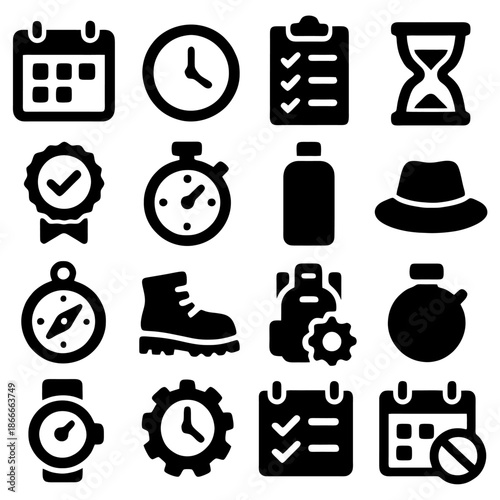 Essentials Set: An illustrative collection of assorted essential items, from a calendar and clock to a compass and gear. Clean, bold lines create a clear and impactful visual experience.