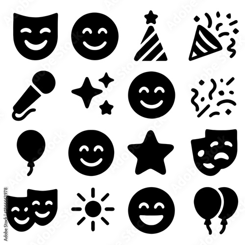 Celebration Icons Collection: A collection of meticulously crafted silhouette icons embodying the spirit of celebration. These visually striking symbols are perfect for conveying festive themes.