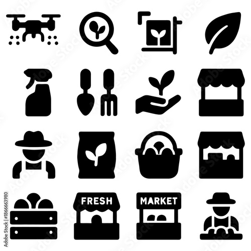 Agricultural Icons: A comprehensive set of modern icons related to the agricultural processes, emphasizing precision, efficiency, and sustainability.