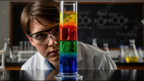 Scientist Examining Colored Liquid Layers in Laboratory.