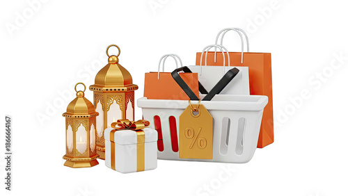 Ramadan Sale Shopping Basket with Lanterns and Gift