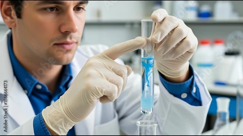 Scientist Examining Test Tube with Blue Liquid.