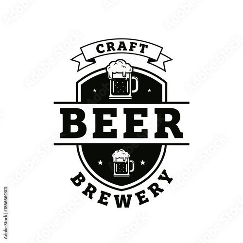 A vintage-style black and white logo for a craft beer brewery, featuring a shield design with beer mugs, stars, and banners with text.