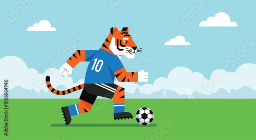 Anthropomorphic tiger character playing soccer in a blue uniform.
