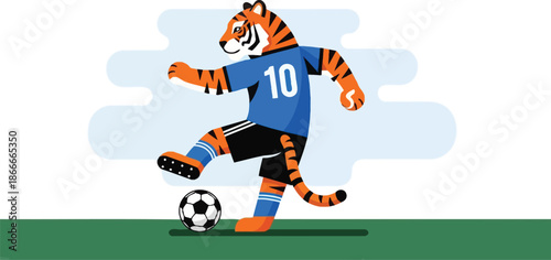 Cartoon tiger character in a blue soccer uniform playing football.