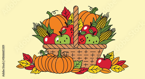 Colorful autumn harvest basket filled with pumpkins apples and corn.