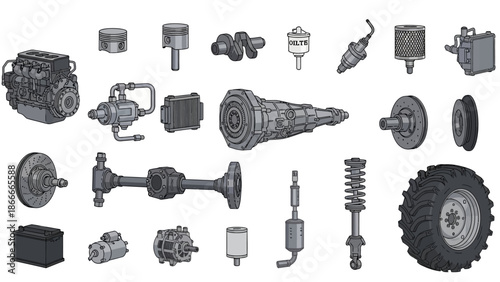 Mechanical Parts and Industrial Component Icon Set for Engineering and Manufacturing Use
