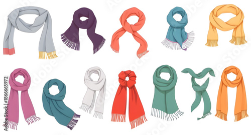 scarves, shawls, colored, cartoon, set, fashion, clothing, accessory, textile, fabric, warm, cozy, winter, autumn, stylish, elegant, trendy, wrap, neckwear, soft, cute, playful, kids, illustration, dr