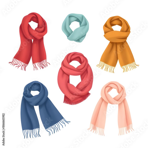 scarves, shawls, colored, cartoon, set, fashion, clothing, accessory, textile, fabric, warm, cozy, winter, autumn, stylish, elegant, trendy, casual, wrap, neckwear, soft, cute, playful, kids, illustra
