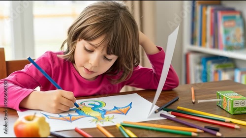 Young Girl Coloring with Colored Pencils at Home.