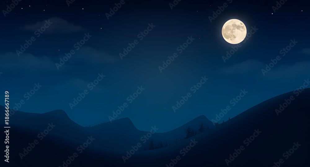 Fototapeta premium moon, night, cartoon, background, sky, stars, moonbeam, dark, midnight, fantasy, dreamy, cute, drawing, vector, flatstyle, simple, playful, kids, child, fairytale, magical, celestial, space, universe,