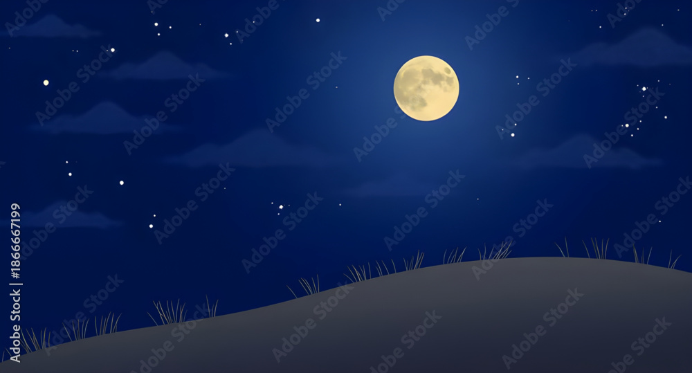 Fototapeta premium moon, night, cartoon, background, sky, stars, moonbeam, dark, midnight, fantasy, dreamy, cute, drawing, vector, flatstyle, simple, playful, kids, child, fairytale, magical, celestial, space, universe,