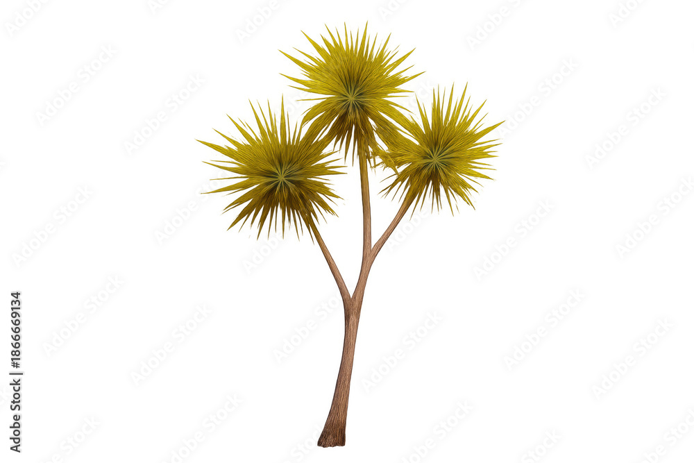 Obraz premium Yellow spiky tropical plant with radiating foliage. Detailed 3d render of exotic flora with a transparent background