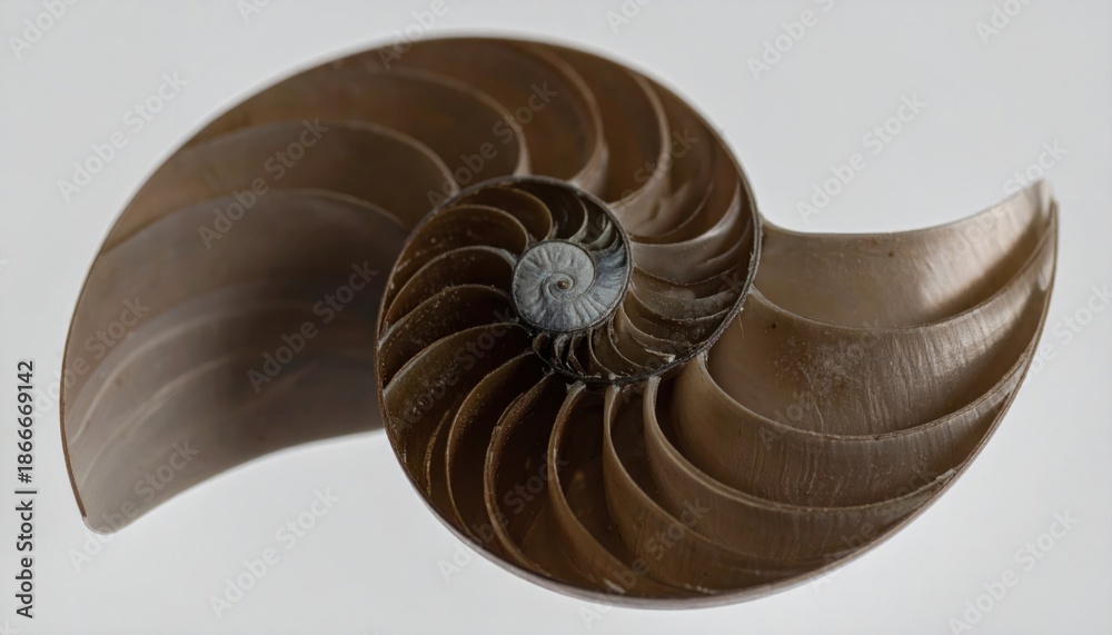 Obraz premium Detailed cross-section of a nautilus shell showcasing its intricate chambers.