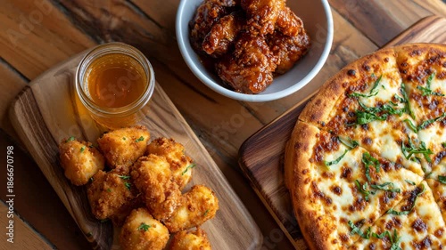 Delicious pizza, fried chicken, and honey on wooden table  