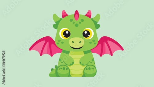 Adorable Green Dragon with Pink Wings and Horns Illustration.