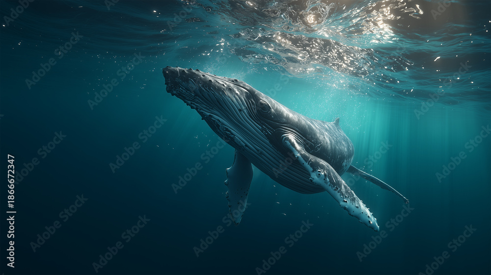 Fototapeta premium 光芒差す海中を進むザトウクジラ、神秘的な水中の光景