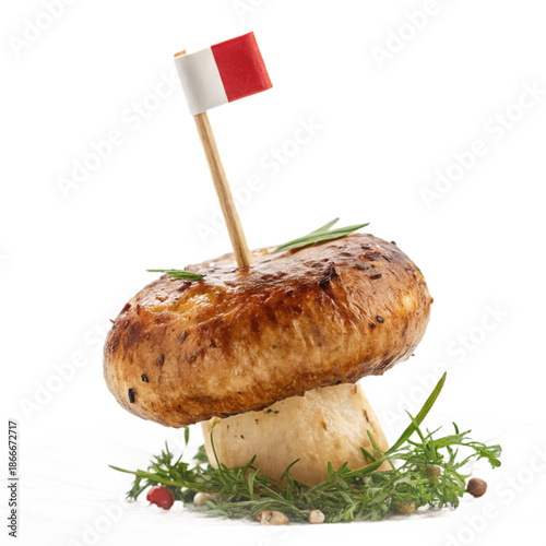 A roasted mushroom cap garnished with a flag toothpick on a bed of herbs, perfect for fine dining or culinary marketing