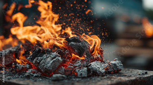Charcoal pieces burning with visible flames and glowing embers.