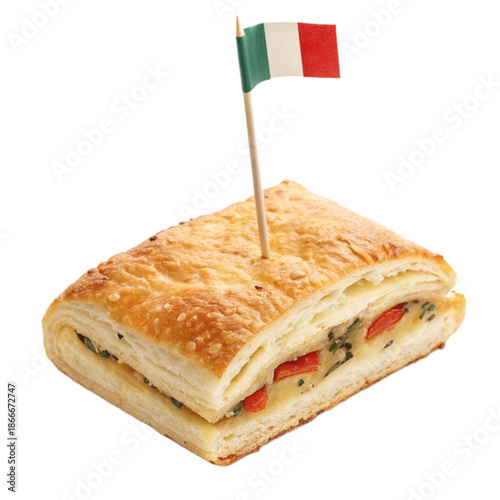 A delicious savory pastry bite with a flag toothpick