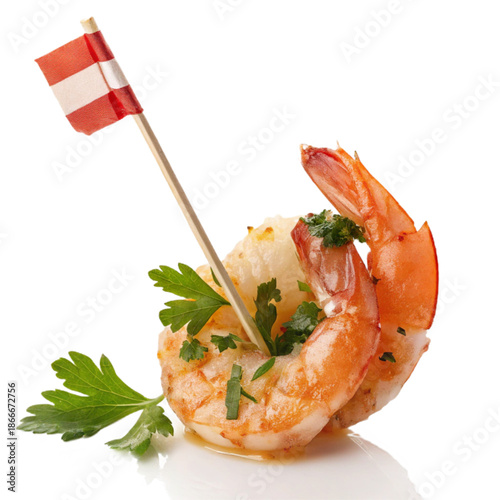 Succulent shrimp appetizer garnished with parsley and a flag toothpick, perfect for culinary promotions