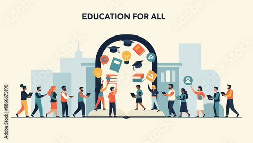 Diverse Group of People Walking Towards Education.