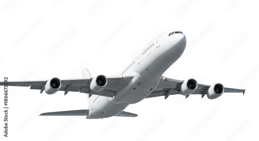 Obraz premium transparent sleek wide-body modern passenger jet ascending at a dynamic dutch angle on a seamless transparent background, clean commercial aesthetic. concept of global connectivity and efficiency