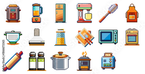 Icon kitchen appliances and tools colourful pixel art