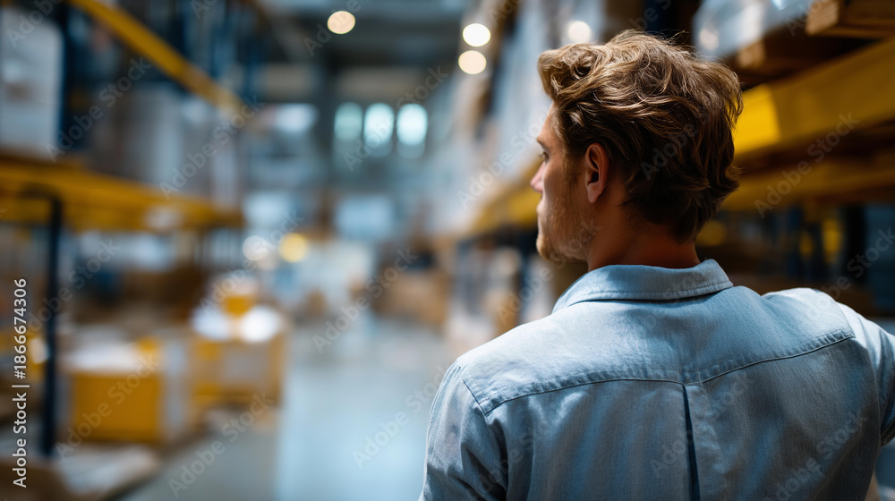 Fototapeta premium Warehouse worker standing in a logistics aisle, faceless, shelves blurred, with copy space