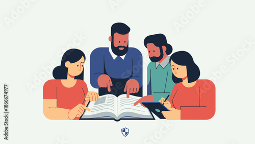 Group of People Reading and Discussing Book.