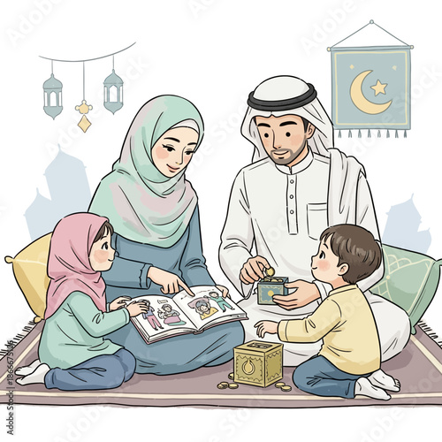 Muslim Family Reading Book and Saving Money for Charity - Islamic Lifestyle Illustration
