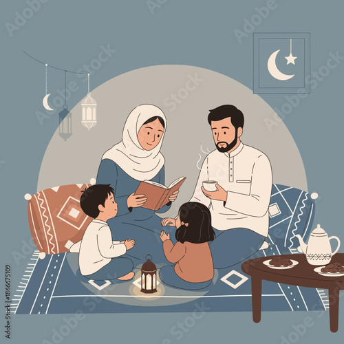 Muslim Family Reading Book Together, Ramadan Evening Gathering, Cozy Home Atmosphere