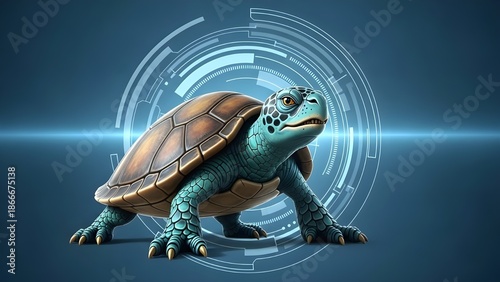 photorealistic 3D rendering of a biomechanical turtle, featuring textured organic skin fused with subtle tech undertones