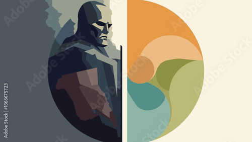 Man in armor with abstract shapes.